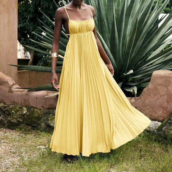 Yellow Sexy Women's Sleeveless Bohemian Tropical Holiday Dress